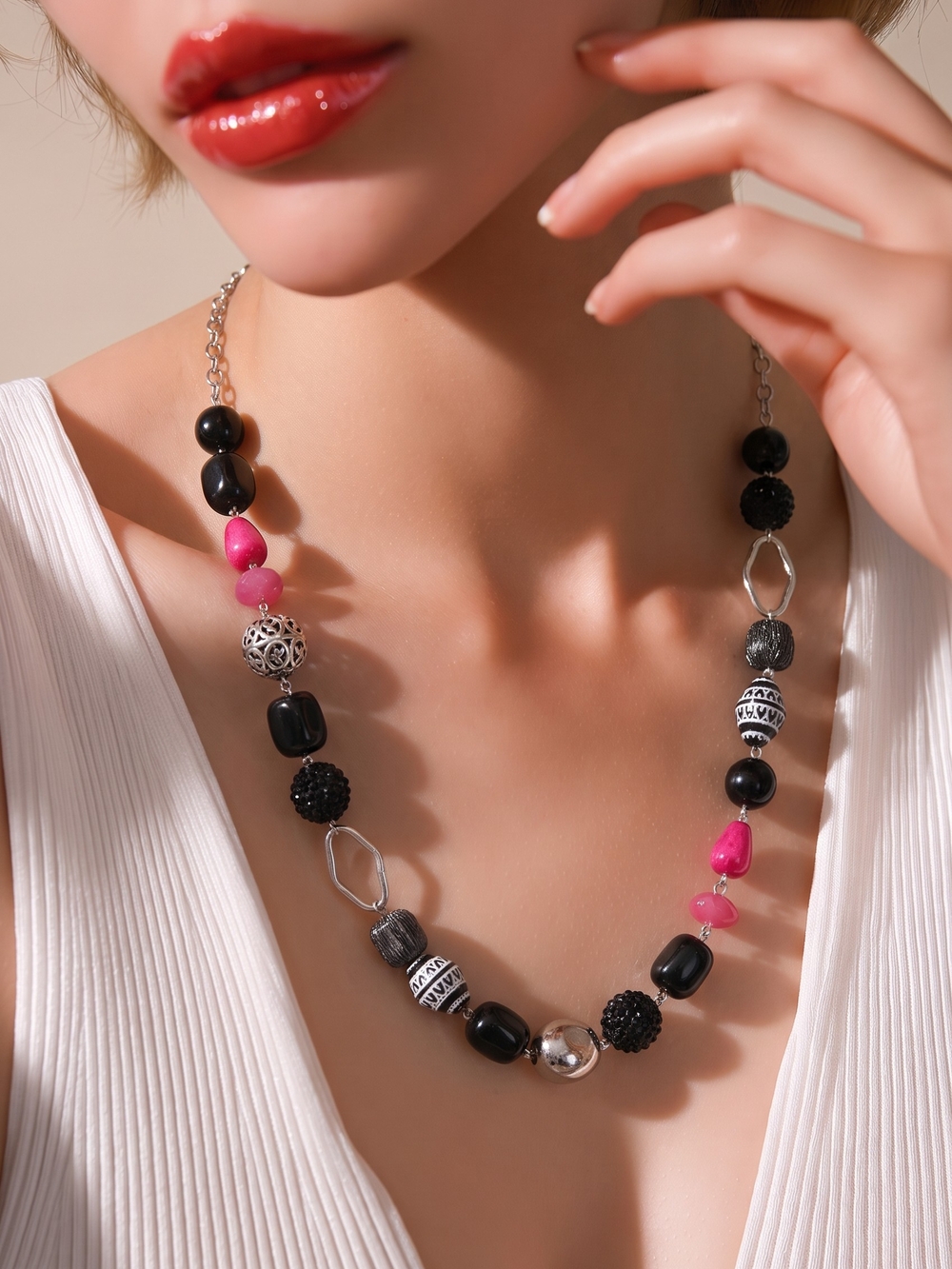 Black, Pink & Silver Mixed Bead Statement Necklace